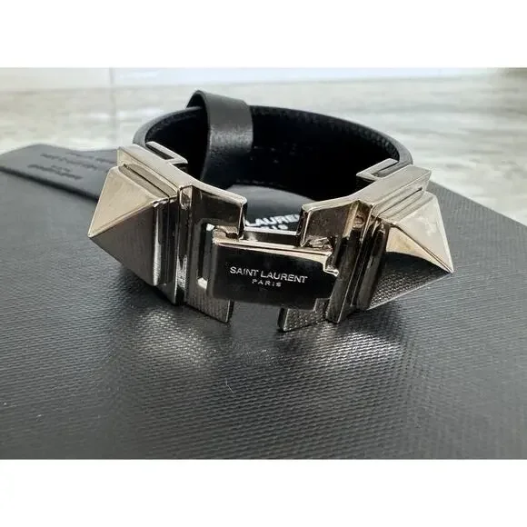 Auth Saint Laurent YSL Black Leather Stud Bracelet Small Sized Metal - Picture 3 of 16